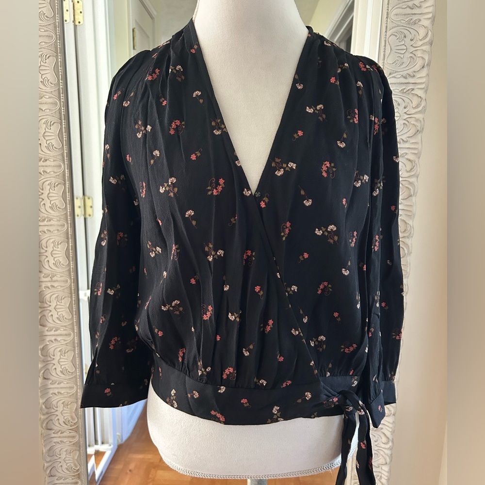 Madewell Black Floral Wrap Top